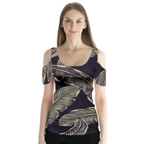 Jungle Leaves Tropical Pattern Butterfly Sleeve Cutout Tee  by Simbadda