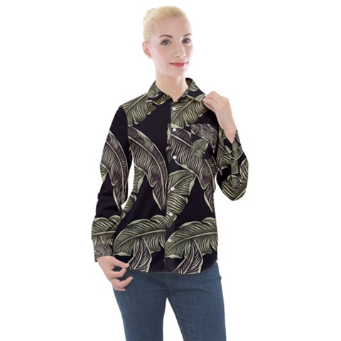 Jungle Leaves Tropical Pattern Women s Long Sleeve Pocket Shirt by Simbadda