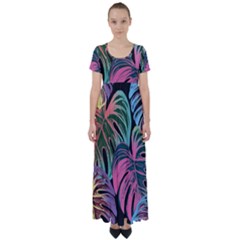 Leaves Tropical Jungle Pattern High Waist Short Sleeve Maxi Dress by Simbadda