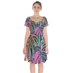 Leaves Tropical Jungle Pattern Short Sleeve Bardot Dress by Simbadda