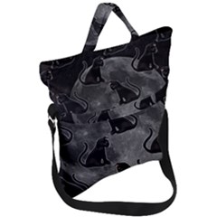 Black Cat Full Moon Fold Over Handle Tote Bag by bloomingvinedesign