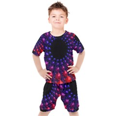 Red Purple 3d Fractals               Kids  Tee And Shorts Set by LalyLauraFLM