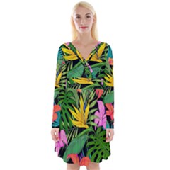 Tropical Leaves                      Long Sleeve Front Wrap Dress