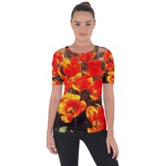 Orange Tulips At The Commons Shoulder Cut Out Short Sleeve Top by Riverwoman