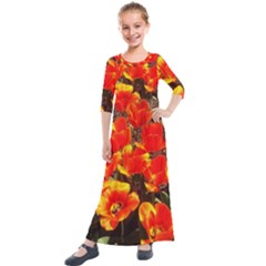 Orange Tulips At The Commons Kids  Quarter Sleeve Maxi Dress