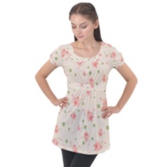 Pink Flowers Pattern Spring Nature Puff Sleeve Tunic Top