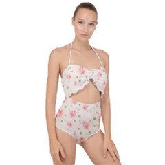 Pink Flowers Pattern Spring Nature Scallop Top Cut Out Swimsuit by TeesDeck