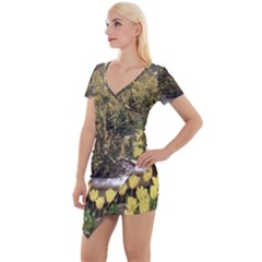 Columbus Commons Yellow Tulips Short Sleeve Asymmetric Mini Dress by Riverwoman