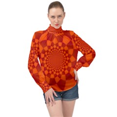 Fractal Artwork Abstract Background Orange High Neck Long Sleeve Chiffon Top by Sudhe
