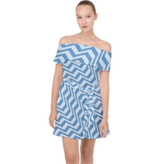 Geometric Blue Shades Diagonal Off Shoulder Chiffon Dress