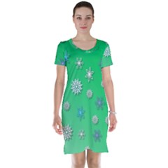 Snowflakes Winter Christmas Green Short Sleeve Nightdress