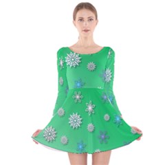 Snowflakes Winter Christmas Green Long Sleeve Velvet Skater Dress