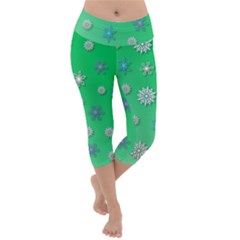 Snowflakes Winter Christmas Green Lightweight Velour Capri Yoga Leggings by HermanTelo