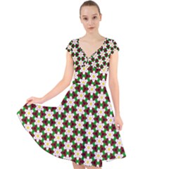 Pattern Flowers White Green Cap Sleeve Front Wrap Midi Dress