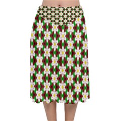 Pattern Flowers White Green Velvet Flared Midi Skirt by HermanTelo