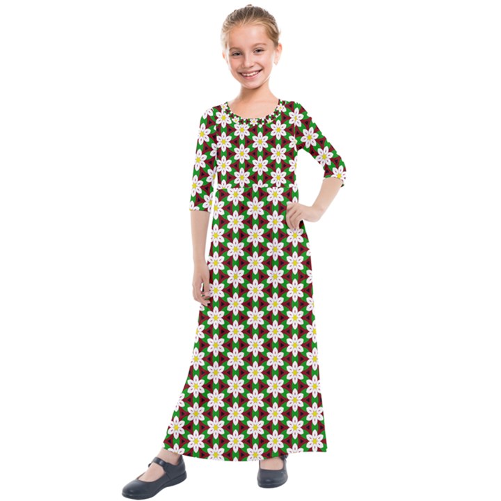 Pattern Flowers White Green Kids  Quarter Sleeve Maxi Dress