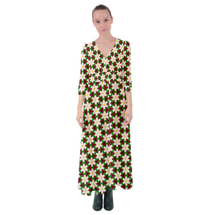 Pattern Flowers White Green Button Up Maxi Dress