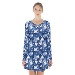 White Flowers Summer Plant Long Sleeve Velvet V-neck Dress