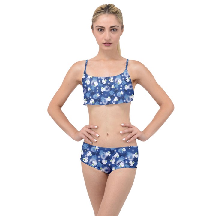 White Flowers Summer Plant Layered Top Bikini Set