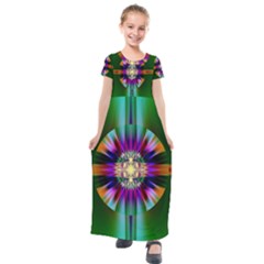 Abstract Art Fractal Creative Green Kids  Short Sleeve Maxi Dress by Sudhe