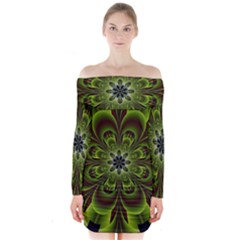 Abstract Flower Artwork Art Floral Green Long Sleeve Off Shoulder Dress by Sudhe