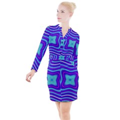Abstract Artwork Fractal Background Blue Button Long Sleeve Dress by Sudhe