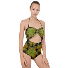 Abstract Flower Artwork Art Green Yellow Scallop Top Cut Out Swimsuit by Sudhe