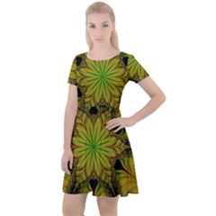 Abstract Flower Artwork Art Green Yellow Cap Sleeve Velour Dress 