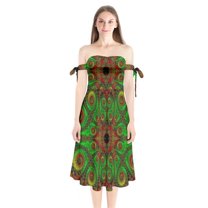 Abstract Fractal Pattern Artwork Pattern Shoulder Tie Bardot Midi Dress