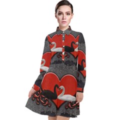 In Love, Wonderful Black And White Swan On A Heart Long Sleeve Chiffon Shirt Dress by FantasyWorld7