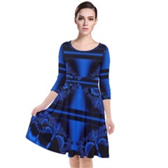 Art Fractal Artwork Creative Blue Black Quarter Sleeve Waist Band Dress by Pakrebo