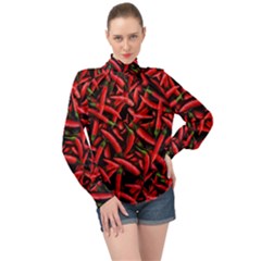 Red Chili Peppers Pattern  High Neck Long Sleeve Chiffon Top by bloomingvinedesign