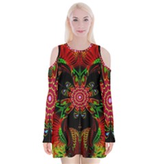 Artwork Art Fractal Flower Design Velvet Long Sleeve Shoulder Cutout Dress by Pakrebo