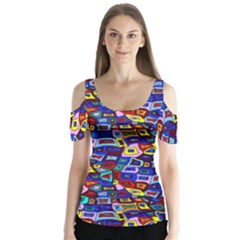 Wavy Squares Pattern Butterfly Sleeve Cutout Tee 