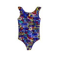 Wavy Squares Pattern Kids  Frill Swimsuit by bloomingvinedesign