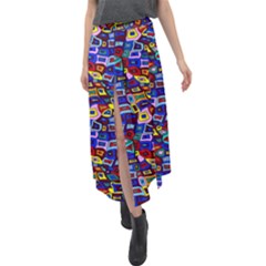 Wavy Squares Pattern Velour Split Maxi Skirt