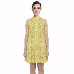 Flowers Decorative Ornate Color Yellow Velvet Halter Neckline Dress  by pepitasart