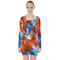 Orange Blue Texture                         V-neck Bodycon Long Sleeve Dress by LalyLauraFLM