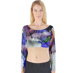 Blue White Purple Mixed Flowers Long Sleeve Crop Top by bloomingvinedesign