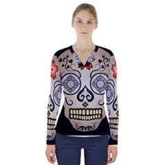 Skull Scary Art Digital Head V-neck Long Sleeve Top by Wegoenart