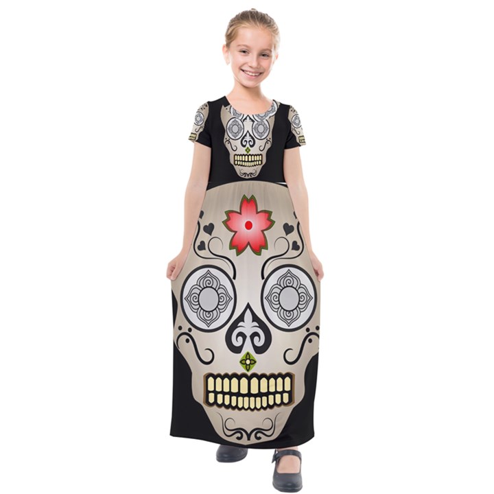 Skull Scary Art Digital Head Kids  Short Sleeve Maxi Dress