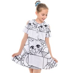 Cute Cat Coloring Page Design Kids  Short Sleeve Shirt Dress by Wegoenart