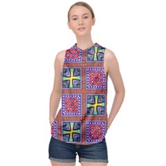 Shapes In Squares Pattern                        High Neck Satin Top by LalyLauraFLM