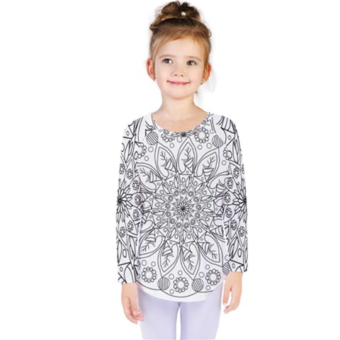 Flowers Mandala Hand Drawing Kids  Long Sleeve Tee by Wegoenart