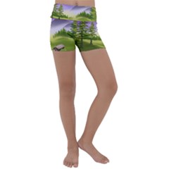 Digital Art Painting Landscape Kids  Lightweight Velour Yoga Shorts by Wegoenart