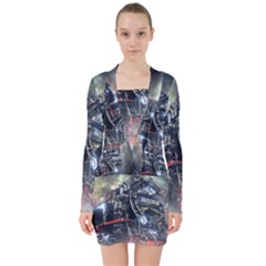 Steam Locomotive Br 99 Historically V-neck Bodycon Long Sleeve Dress by Wegoenart