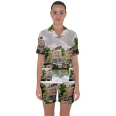 Amsterdam Holland Canal River Satin Short Sleeve Pyjamas Set by Wegoenart