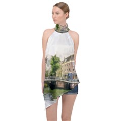 Amsterdam Holland Canal River Halter Asymmetric Satin Top by Wegoenart