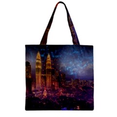 City Lights Skyline Buildings Zipper Grocery Tote Bag by Wegoenart