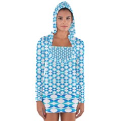 Fabric Geometric Aqua Crescents Long Sleeve Hooded T-shirt